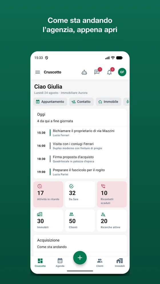 Schermata iniziale dell'app AgenziaSoft con le attività del giorno