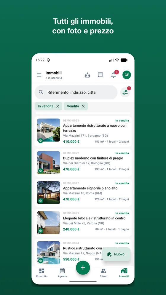 Elenco degli immobili nell'app AgenziaSoft