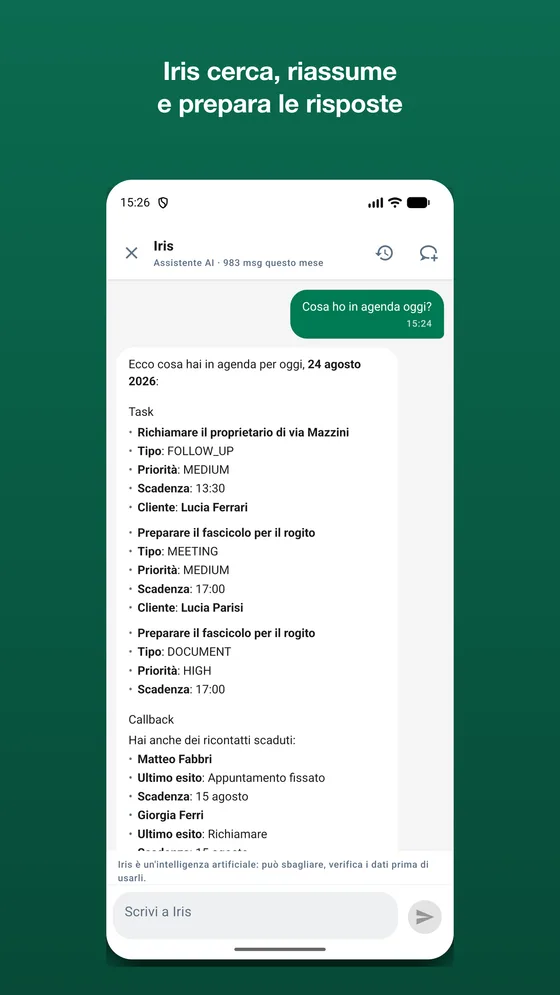 Iris, l'assistente di AgenziaSoft, nell'app